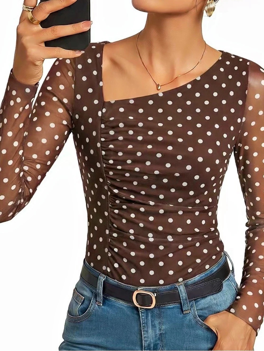 Grace Karin Polka Dot Mesh Ruched Asymmetric Neck Blouse Brown & White